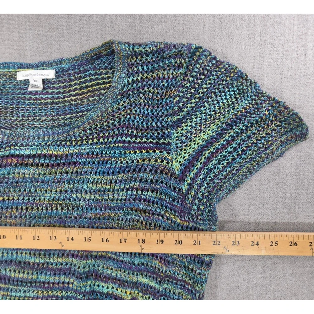 John Paul Richard Knit Top Womens XL Blue Space Dye Fringe Boho Short Sleeve